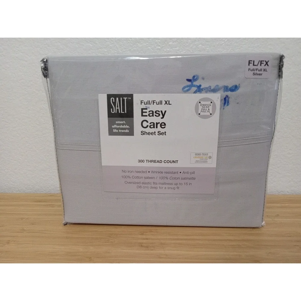SALT Easy Care 300 TC 100% Cotton Sateen Sheet Set Full Full XL Silver 4pc New
